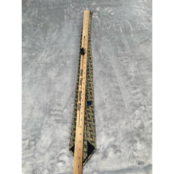 Stafford Mens Neck Tie Green Brown Geometric Print 100% Silk Made in USA - Picture 8 of 11